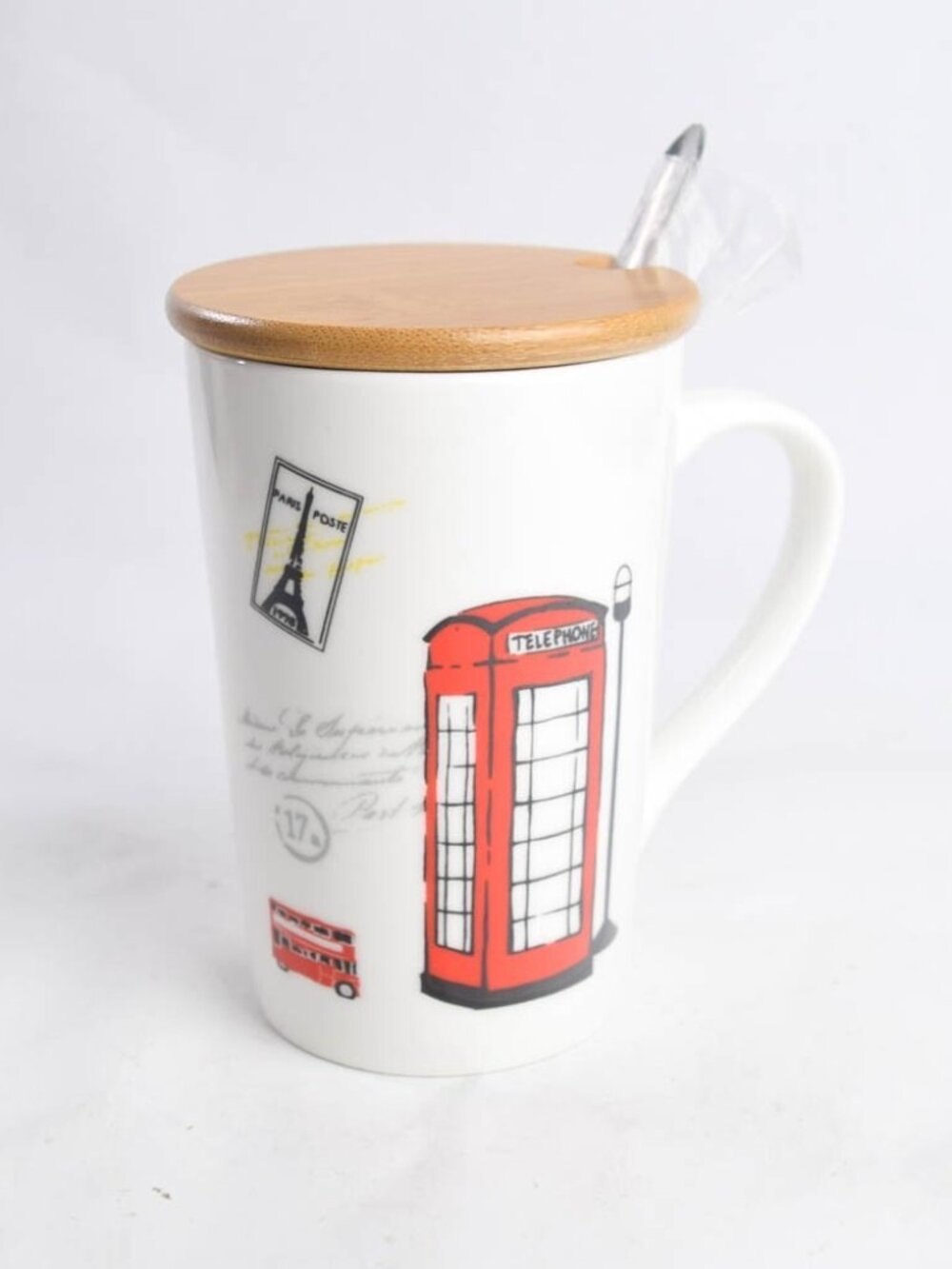 London Travel Destination Tall Covered Coffee Tea Mug with Spoon Stirrer Gift